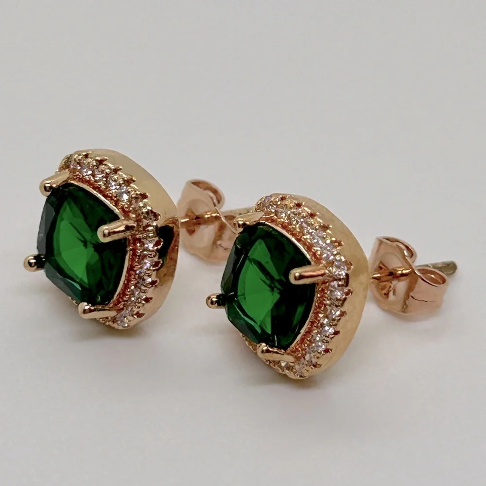 Emerald Rose Gold Square Stud Earrings